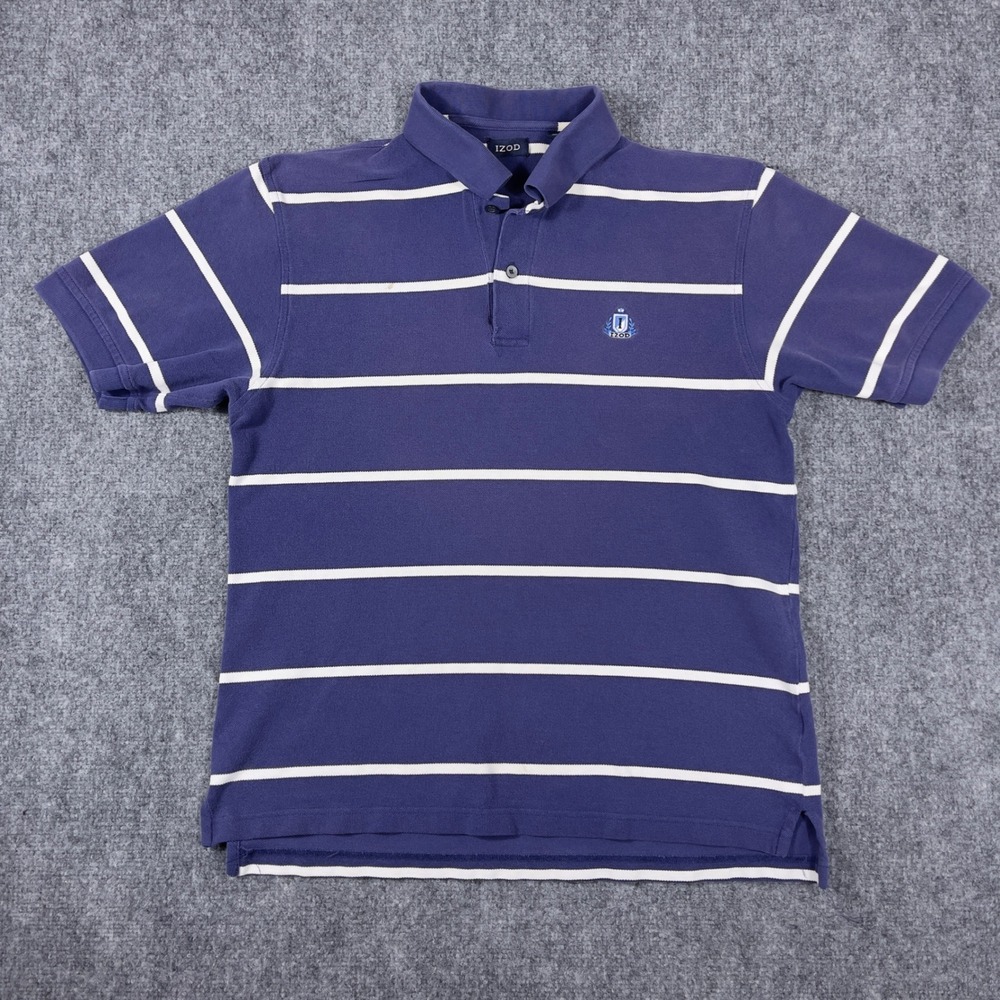 Vtg IZOD Polo Shirt Mens Medium Purple Striped Short Sleeve Pique Cotton Faded